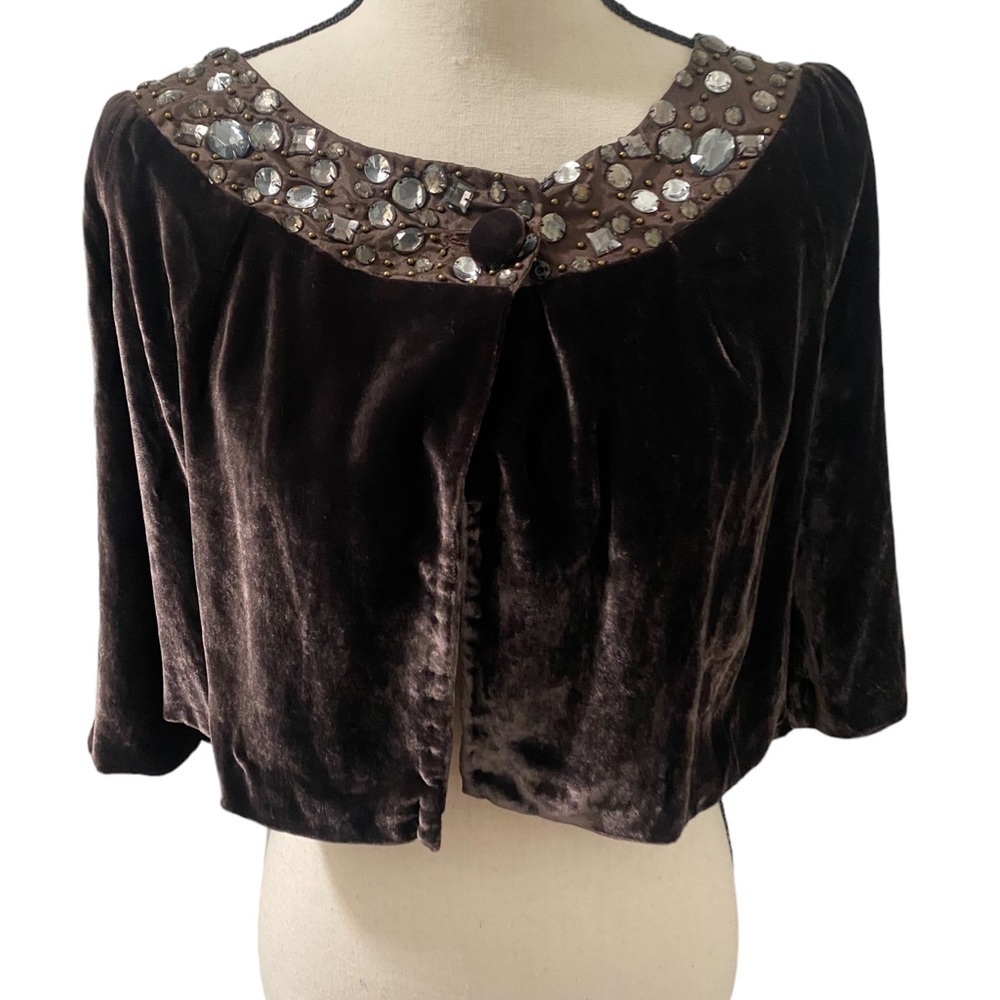 JOOLAY brown jeweled‎ silk/ velvet sleeved caplet